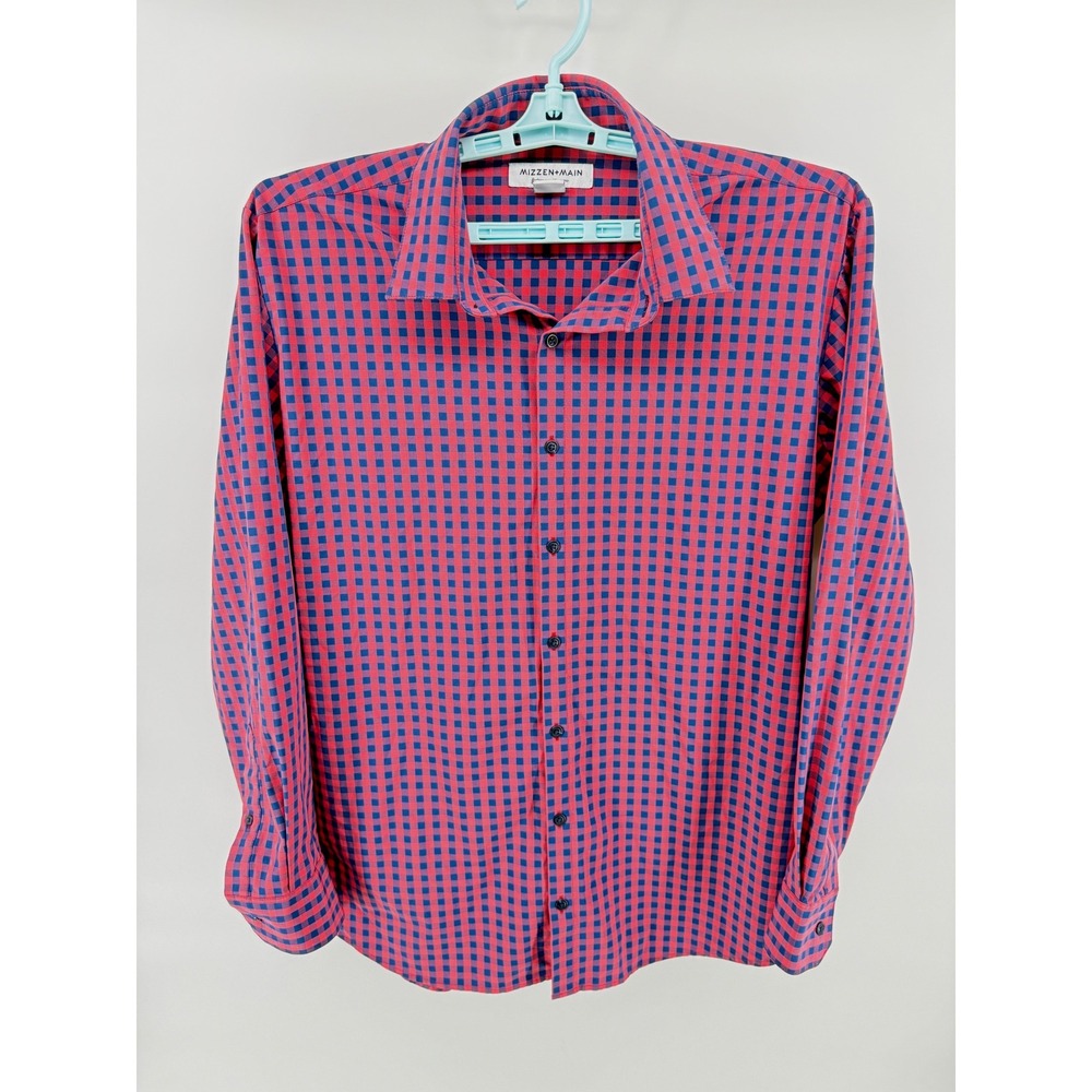 Mizzen+Main Mens Classic Fit Gingham Performance Button Down Shirt Red Blue L
